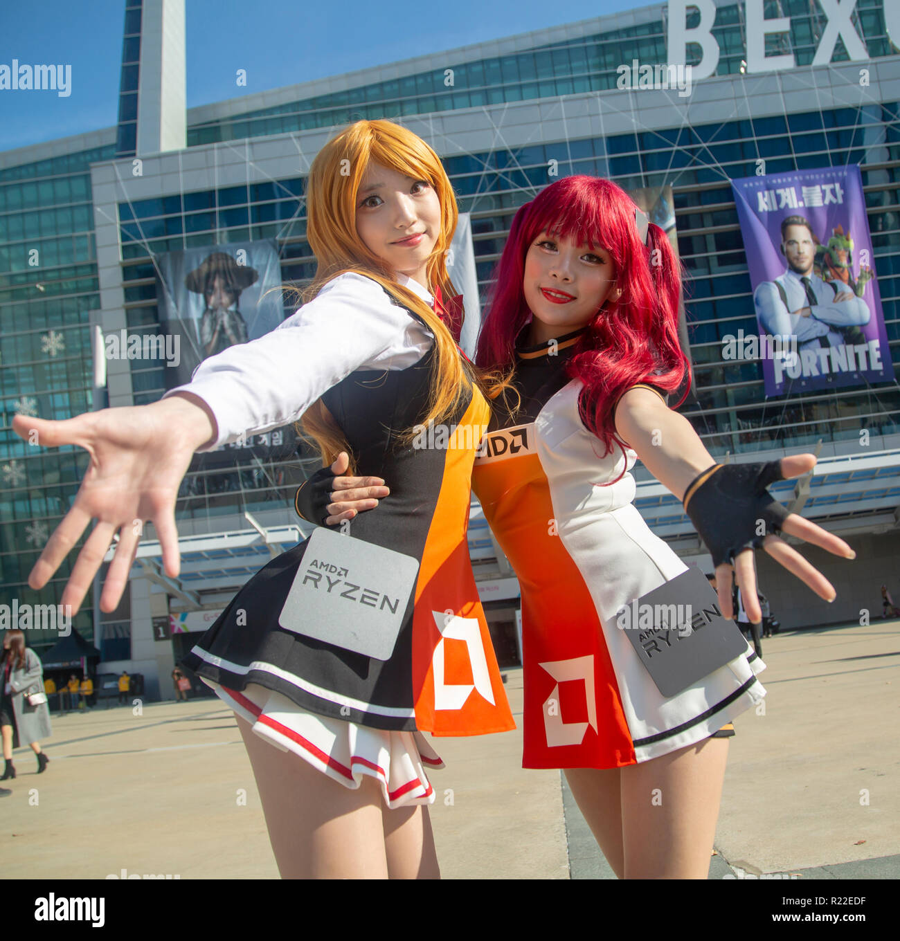 g star global game exhibition nov 15 2018 members of a costume play team ttcle who promote a semiconductor company advanced micro devices amd - g star event fortnite